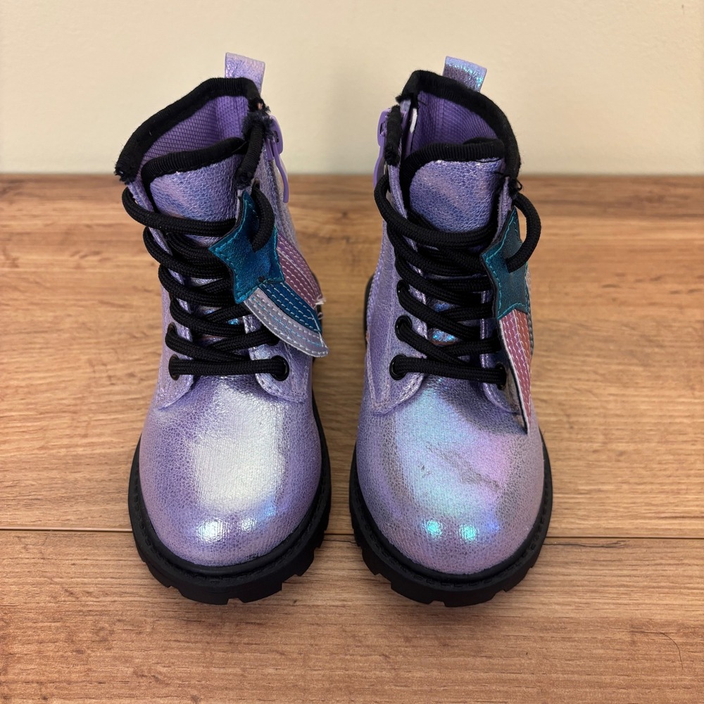 OLIVIA MILLER GIRL Crystal Sky Combat Boots Purple Kids Size 5 Metallic Lace Up - Picture 4 of 11